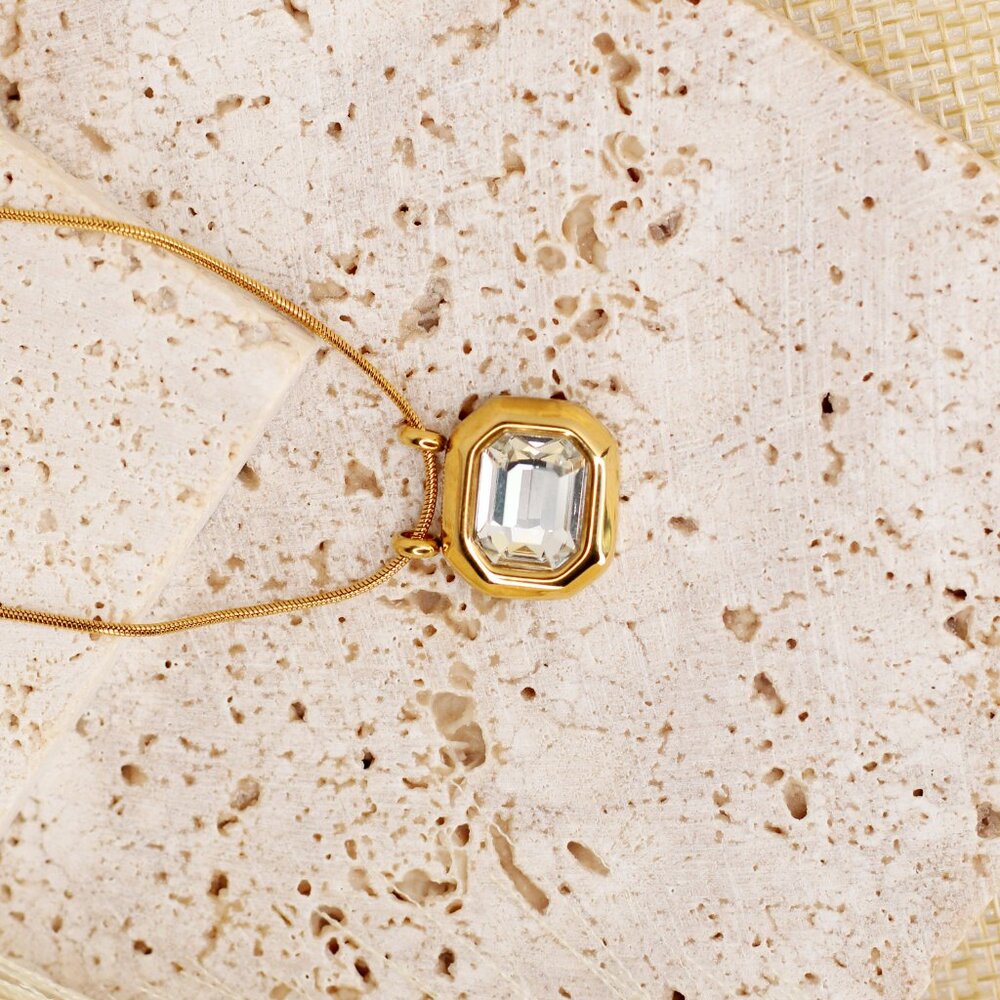 Stainless Steel Minimal‎ Snake Rectangle Large Cubic Zirconia Necklace